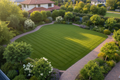 Aerial view of a beautifully manicured lawn with diagonal mowing stripes and golden hour lighting
