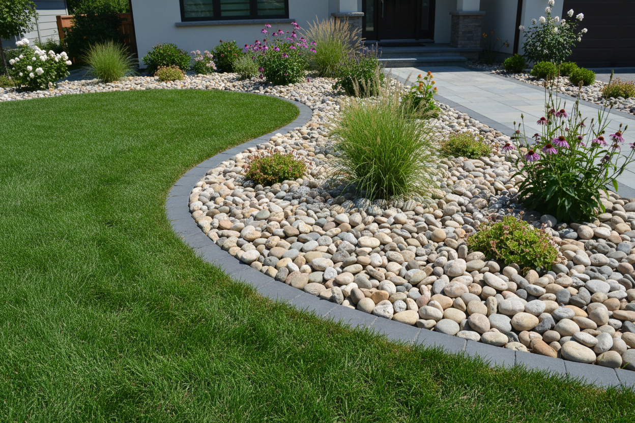 Decorative rock installation with landscape edging